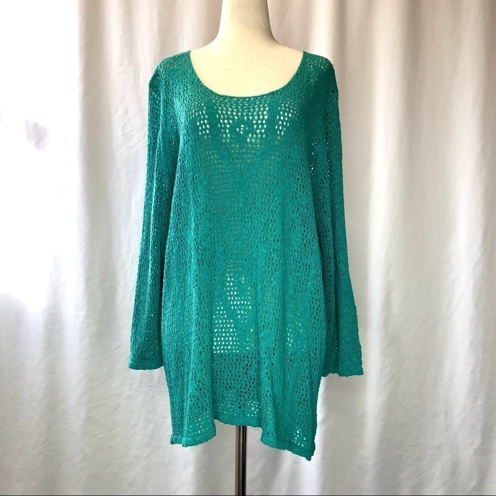NWT Jones New York Sport Woman turquoise aqua knit lace sweater cotton blend 2X